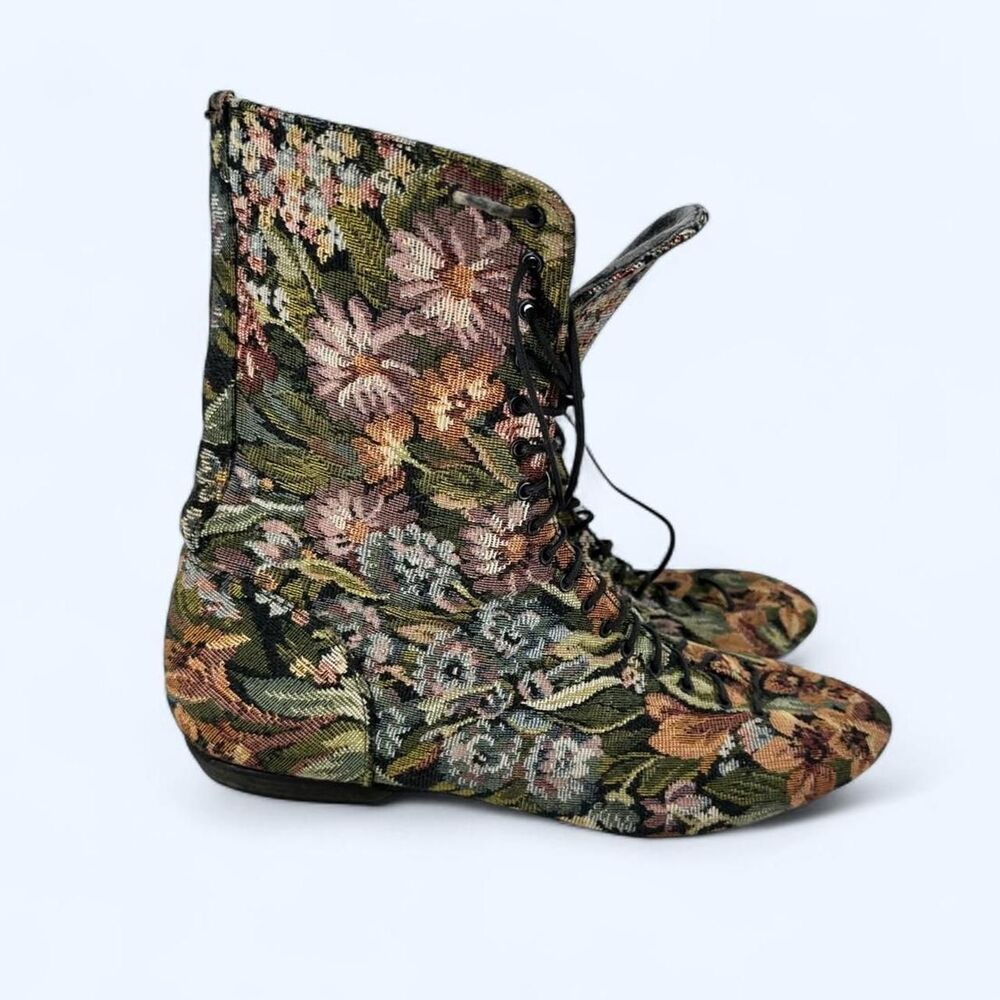 Floral Tapestry Lace Up Ankle Boots Victorian Cottagecore Flat Boots